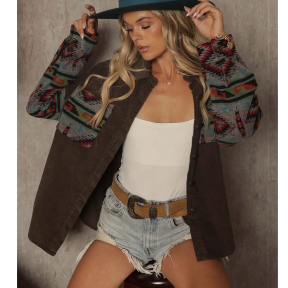 Cozy Tribal Print Corduroy Button Down Loose Fit Jacket Shacket - Picture 1 of 4